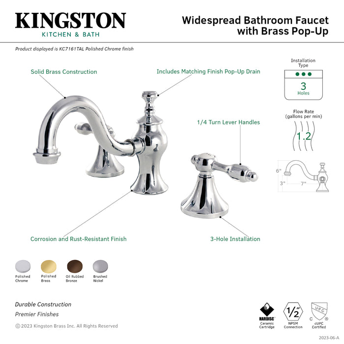 Tudor KC7162TAL Two-Handle 3-Hole Deck Mount Widespread Bathroom Faucet with Brass Pop-Up, Polished Brass
