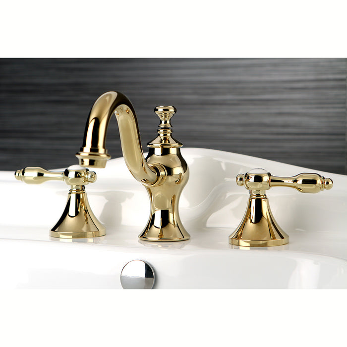 Tudor KC7162TAL Two-Handle 3-Hole Deck Mount Widespread Bathroom Faucet with Brass Pop-Up, Polished Brass