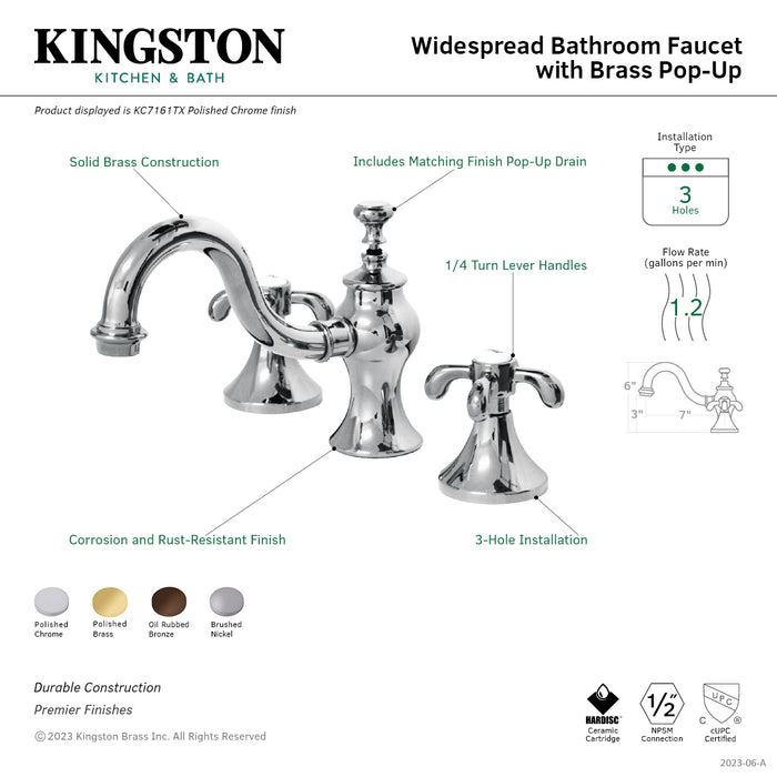 Kingston Heirloom KC7162TX - French Country Two-Handle 3-Hole Deck Mount Widespread Bathroom Faucet with Brass Pop-Up, Polished Brass