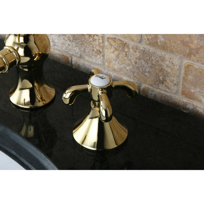 Kingston Heirloom KC7162TX - French Country Two-Handle 3-Hole Deck Mount Widespread Bathroom Faucet with Brass Pop-Up, Polished Brass