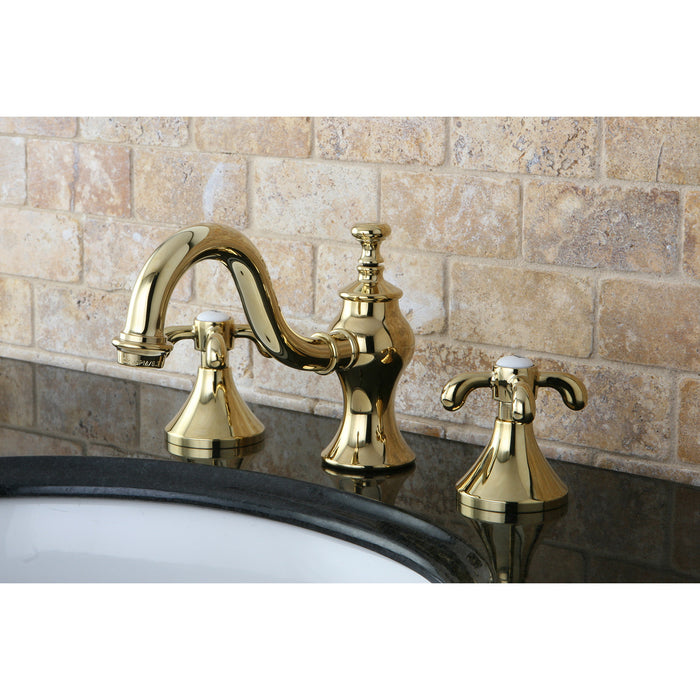 Kingston Heirloom KC7162TX - French Country Two-Handle 3-Hole Deck Mount Widespread Bathroom Faucet with Brass Pop-Up, Polished Brass