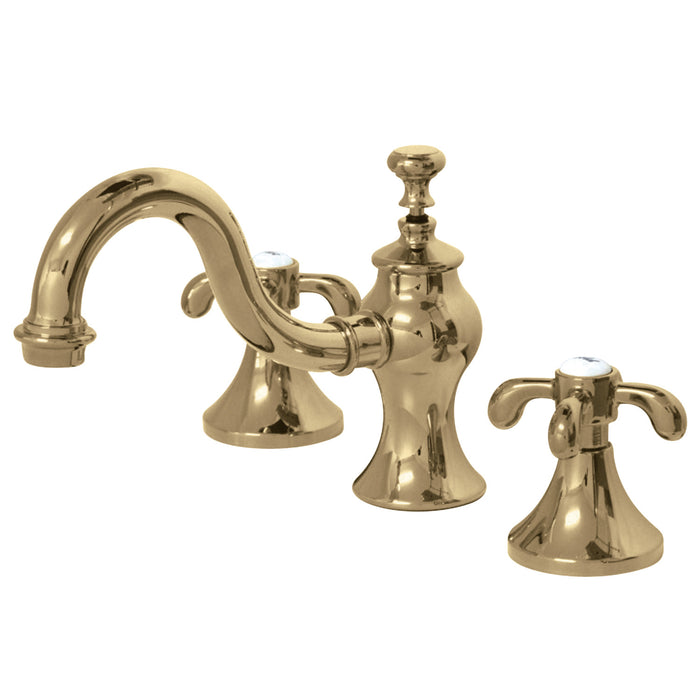 Kingston Heirloom KC7162TX - French Country Two-Handle 3-Hole Deck Mount Widespread Bathroom Faucet with Brass Pop-Up, Polished Brass