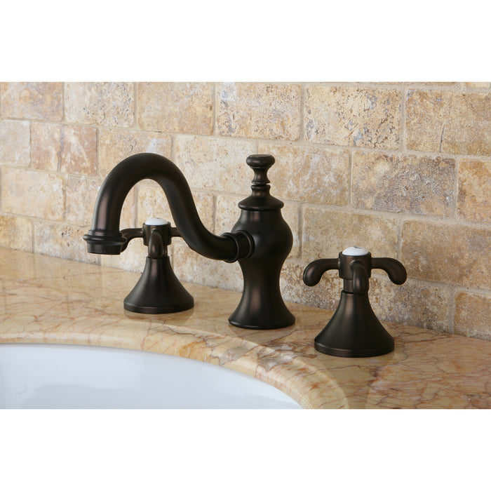 Kingston Heirloom KC7165TX - French Country Two-Handle 3-Hole Deck Mount Widespread Bathroom Faucet with Brass Pop-Up, Oil Rubbed Bronze