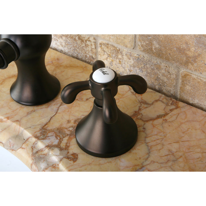 Kingston Heirloom KC7165TX - French Country Two-Handle 3-Hole Deck Mount Widespread Bathroom Faucet with Brass Pop-Up, Oil Rubbed Bronze