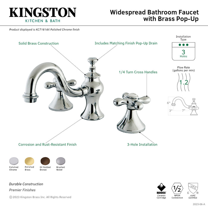 Kingston Heirloom KC7168AX - Vintage Two-Handle 3-Hole Deck Mount Widespread Bathroom Faucet with Brass Pop-Up, Brushed Nickel