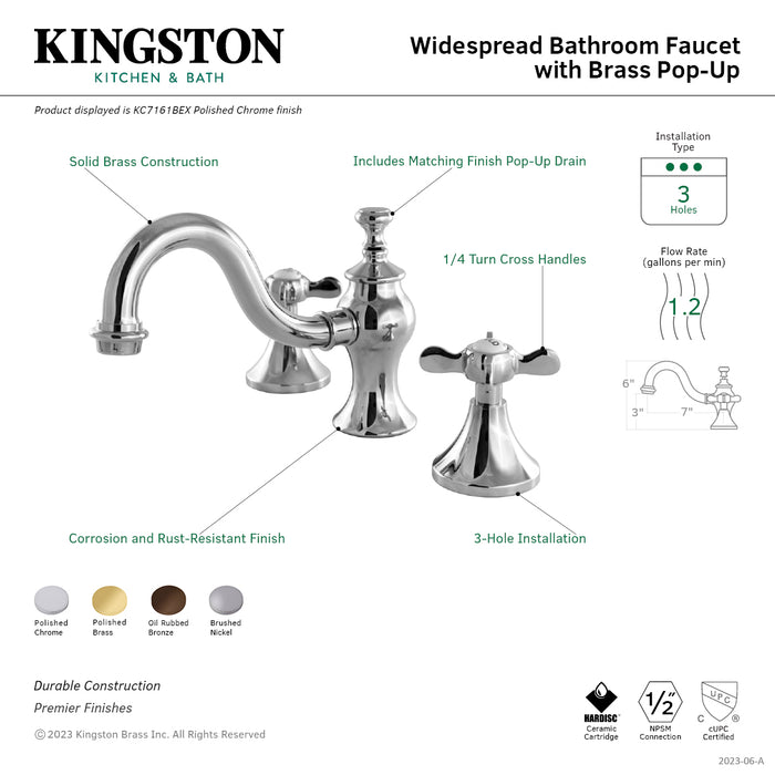 Kingston Heirloom KC7168BEX - Essex Two-Handle 3-Hole Deck Mount Widespread Bathroom Faucet with Brass Pop-Up, Brushed Nickel
