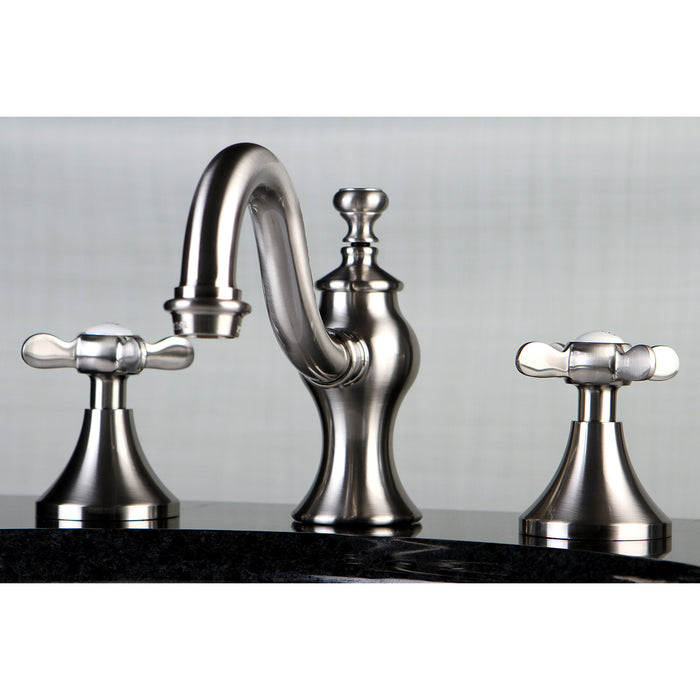 Kingston Heirloom KC7168BEX - Essex Two-Handle 3-Hole Deck Mount Widespread Bathroom Faucet with Brass Pop-Up, Brushed Nickel