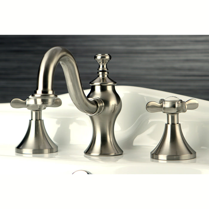 Essex KC7168BEX Two-Handle 3-Hole Deck Mount Widespread Bathroom Faucet with Brass Pop-Up, Brushed Nickel