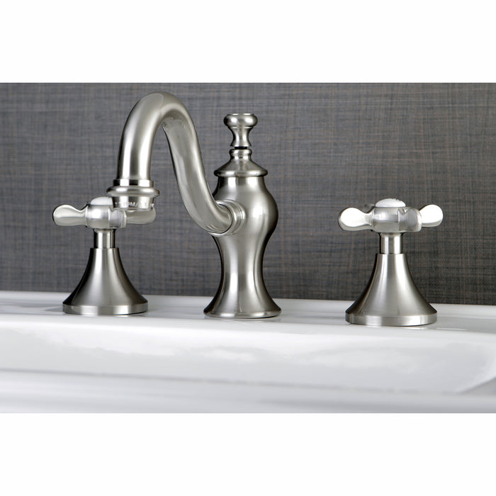 Kingston Heirloom KC7168BEX - Essex Two-Handle 3-Hole Deck Mount Widespread Bathroom Faucet with Brass Pop-Up, Brushed Nickel