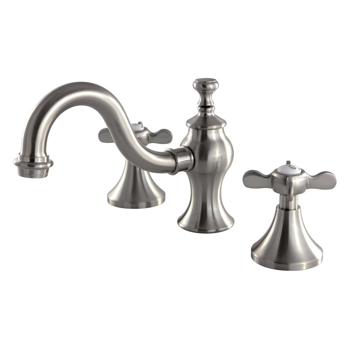Kingston Heirloom KC7168BEX - Essex Two-Handle 3-Hole Deck Mount Widespread Bathroom Faucet with Brass Pop-Up, Brushed Nickel