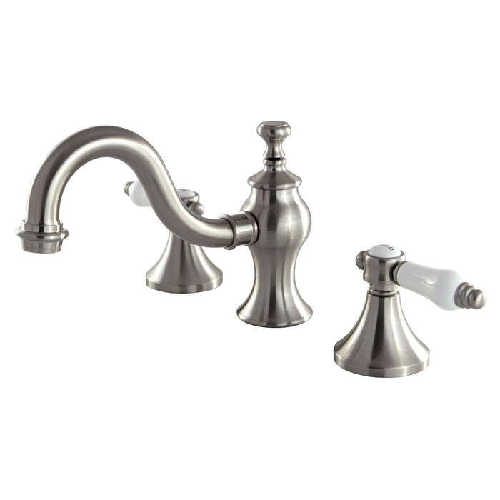 Kingston Heirloom KC7168BPL - Bel-Air Two-Handle 3-Hole Deck Mount Widespread Bathroom Faucet with Brass Pop-Up, Brushed Nickel