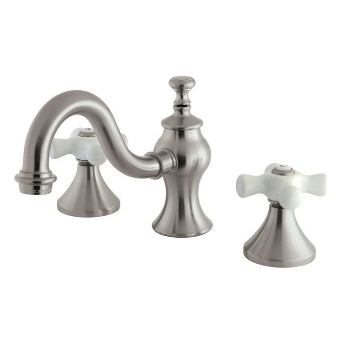 KC7168PX Two-Handle 3-Hole Deck Mount Widespread Bathroom Faucet with Brass Pop-Up, Brushed Nickel