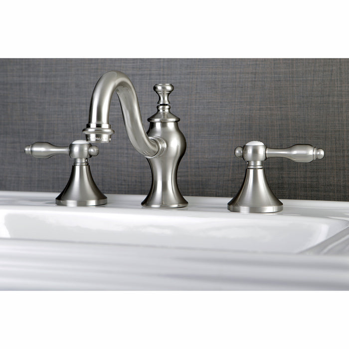 Tudor KC7168TAL Two-Handle 3-Hole Deck Mount Widespread Bathroom Faucet with Brass Pop-Up, Brushed Nickel