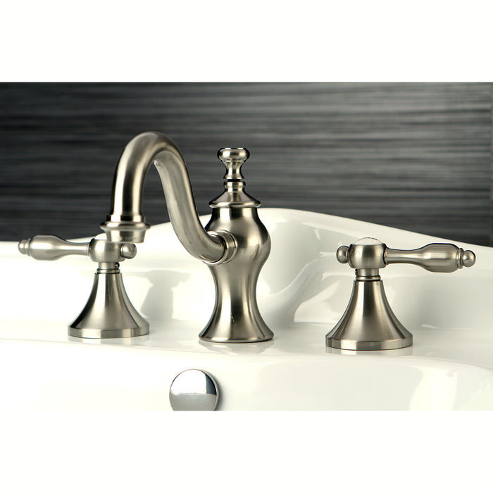 Tudor KC7168TAL Two-Handle 3-Hole Deck Mount Widespread Bathroom Faucet with Brass Pop-Up, Brushed Nickel
