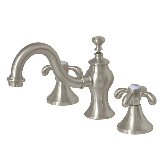 French Country KC7168TX Two-Handle 3-Hole Deck Mount Widespread Bathroom Faucet with Brass Pop-Up, Brushed Nickel