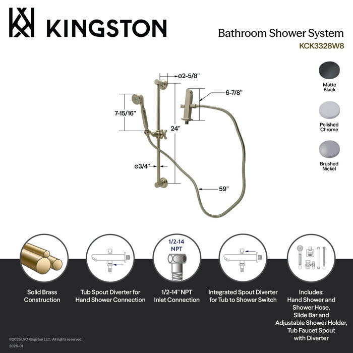 Kingston Heirloom KCK3321W1 - Made To Match Shower System with 24-Inch Slide/Grab Bar and Hand Shower, Polished Chrome