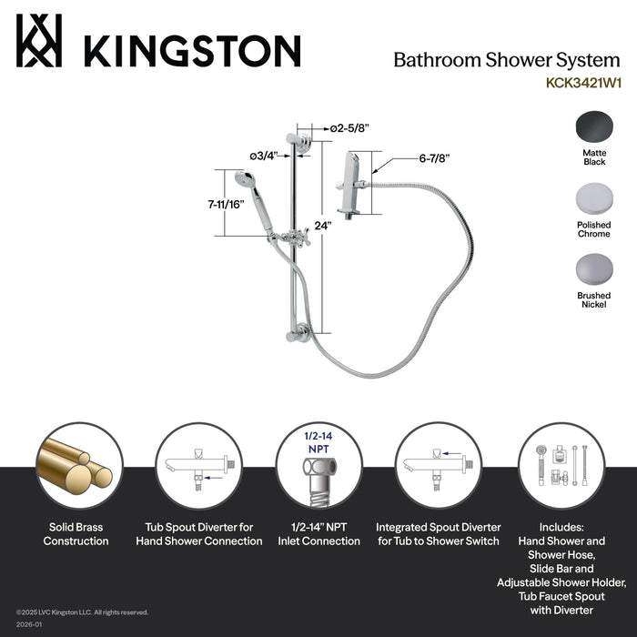 Kingston Heirloom KCK3421W1 - Made To Match Shower System with 24-Inch Slide/Grab Bar and Hand Shower, Polished Chrome