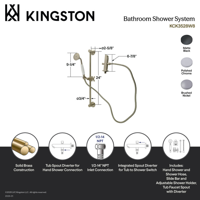 Kingston Heirloom KCK3528W8 - Made To Match Shower System with 24-Inch Slide/Grab Bar and Hand Shower, Brushed Nickel