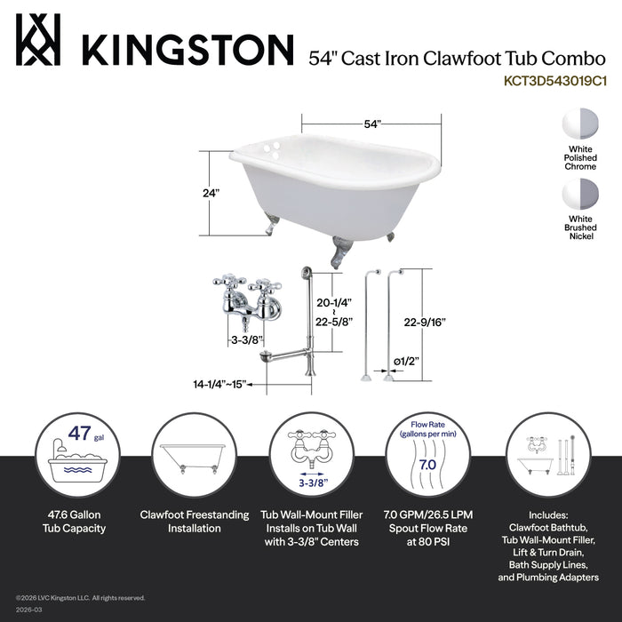 Kingston Heirloom KCT3D543019C8 - Aqua Eden 54-Inch Cast Iron Oval Rectangular Roll Top Clawfoot Tub with Faucet Drain and Supply Lines Combo, White/Brushed Nickel