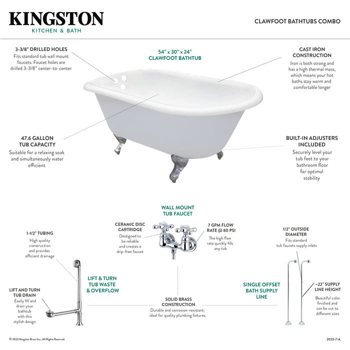 Aqua Eden KCT3D543019C8 54-Inch Cast Iron Roll Top Clawfoot Tub Combo with Faucet and Supply Lines, White/Brushed Nickel