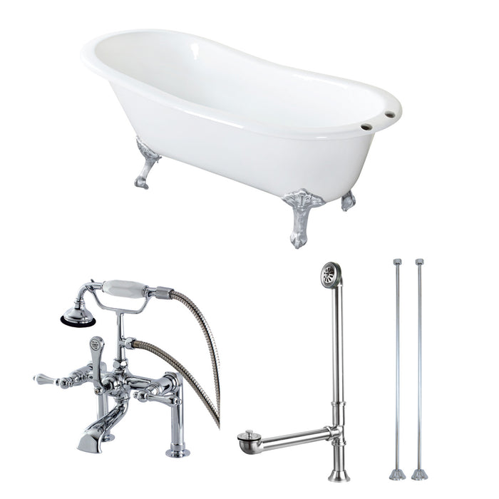 Aqua Eden KCT7D653129C1 62-Inch Cast Iron Single Slipper Clawfoot Tub Combo with Faucet and Supply Lines, White/Polished Chrome/Polished Chrome