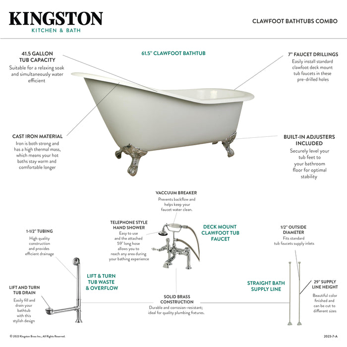 Aqua Eden KCT7D653129C2 62-Inch Cast Iron Single Slipper Clawfoot Tub Combo with Faucet and Supply Lines, White/Polished Brass