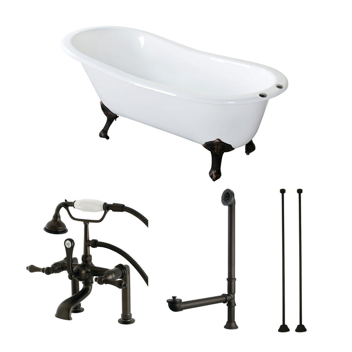Kingston Heirloom KCT7D653129C5 - Aqua Eden 62-Inch Cast Iron Oval Single Slipper Clawfoot Tub with Faucet Drain and Supply Lines Combo, White/Oil Rubbed Bronze