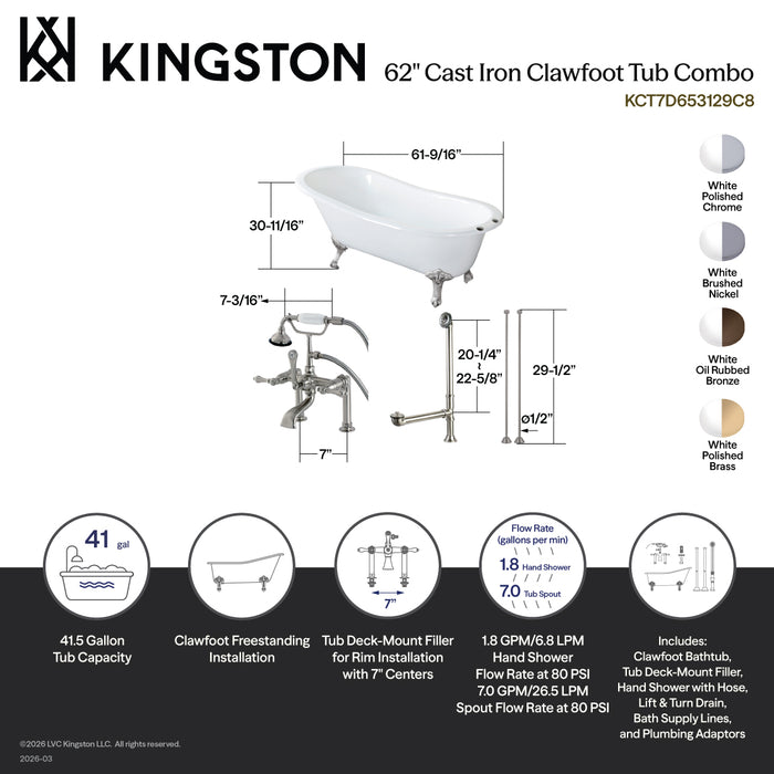 Kingston Heirloom KCT7D653129C8 - Aqua Eden 62-Inch Cast Iron Oval Single Slipper Clawfoot Tub with Faucet Drain and Supply Lines Combo, White/Brushed Nickel