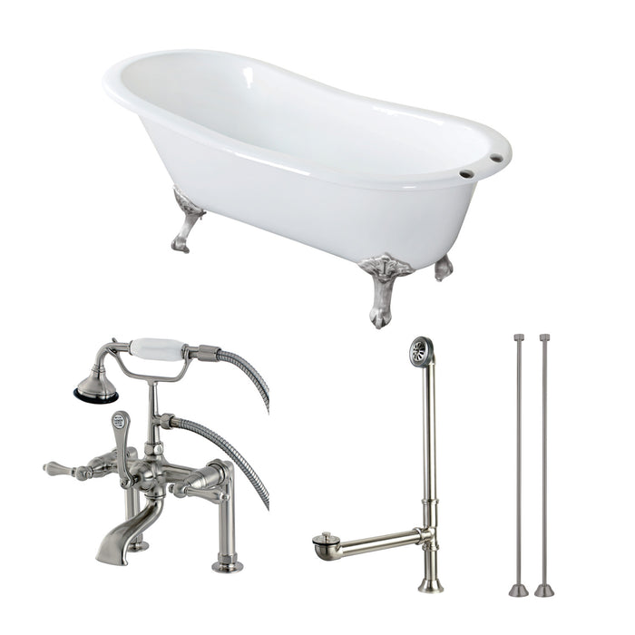 Aqua Eden KCT7D653129C8 62-Inch Cast Iron Single Slipper Clawfoot Tub Combo with Faucet and Supply Lines, White/Brushed Nickel