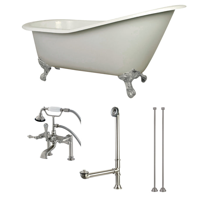 Aqua Eden KCT7D653129C8 62-Inch Cast Iron Single Slipper Clawfoot Tub Combo with Faucet and Supply Lines, White/Brushed Nickel