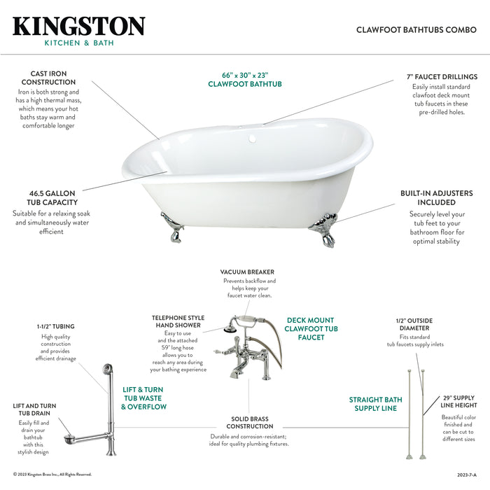Aqua Eden KCT7D663013C1 66-Inch Cast Iron Double Ended Clawfoot Tub Combo with Faucet and Supply Lines, White/Polished Chrome
