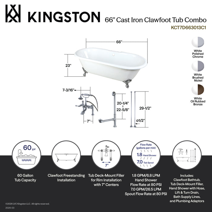 Kingston Heirloom KCT7D663013C8 - Aqua Eden 66-Inch Cast Iron Oval Double Ended Clawfoot Tub with Faucet Drain and Supply Lines Combo, White/Brushed Nickel