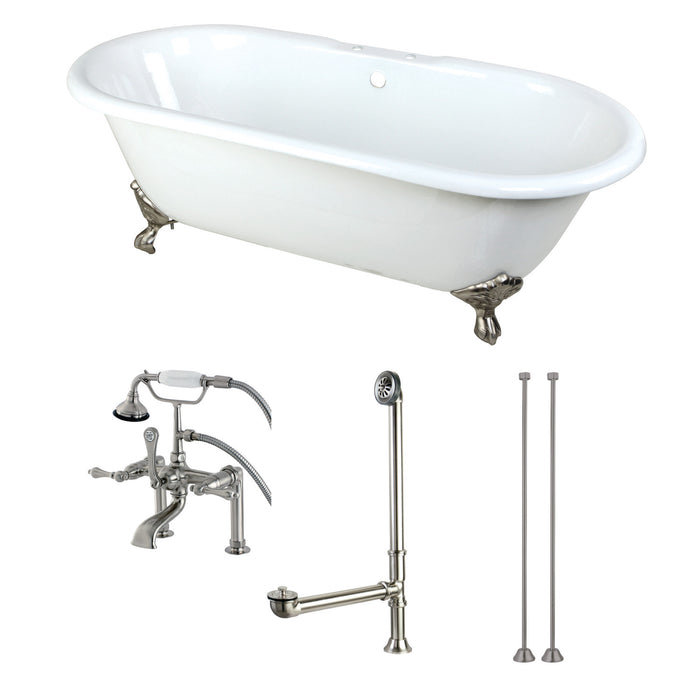 Aqua Eden KCT7D663013C8 66-Inch Cast Iron Double Ended Clawfoot Tub Combo with Faucet and Supply Lines, White/Brushed Nickel
