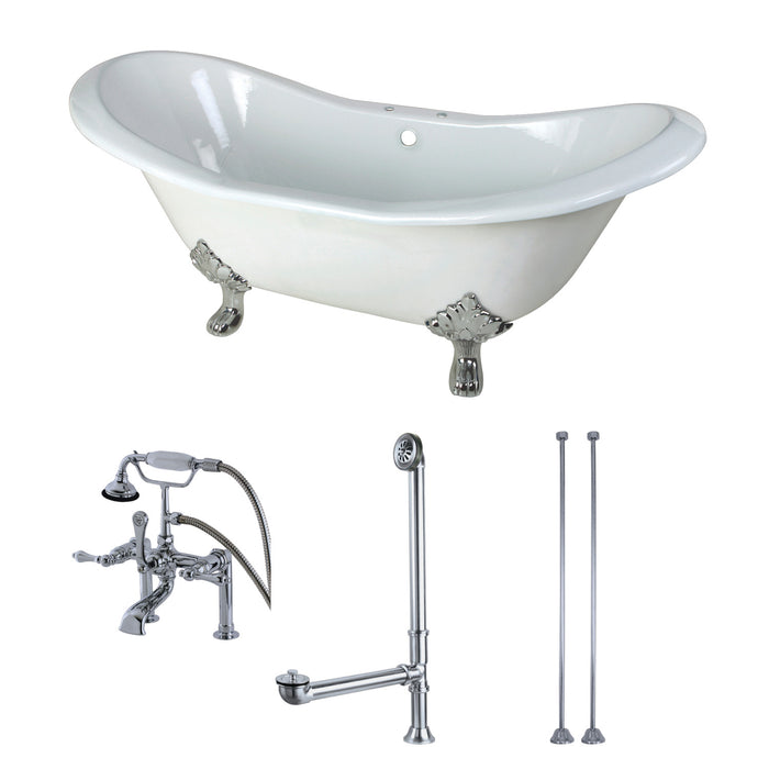 Aqua Eden KCT7D7231C1 72-Inch Cast Iron Double Slipper Clawfoot Tub Combo with Faucet and Supply Lines, White/Polished Chrome