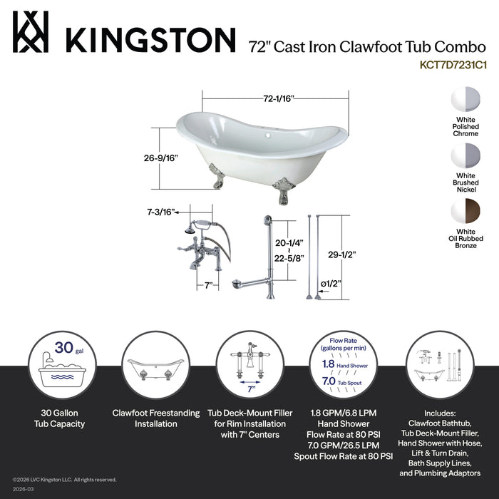 Kingston Heirloom KCT7D7231C8 - Aqua Eden 72-Inch Cast Iron Oval Double Slipper Clawfoot Tub with Faucet Drain and Supply Lines Combo, White/Brushed Nickel
