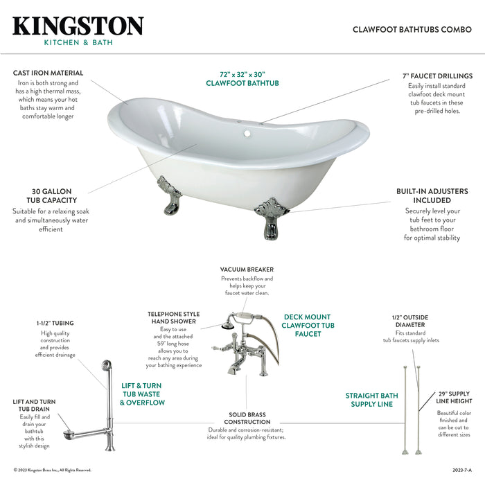 Aqua Eden KCT7D7231C8 72-Inch Cast Iron Oval Double Slipper Clawfoot Tub with Faucet Drain and Supply Lines Combo, White/Brushed Nickel
