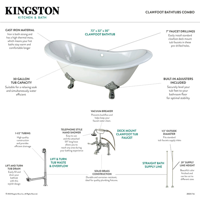 Aqua Eden KCT7D7231C8 72-Inch Cast Iron Double Slipper Clawfoot Tub Combo with Faucet and Supply Lines, White/Brushed Nickel