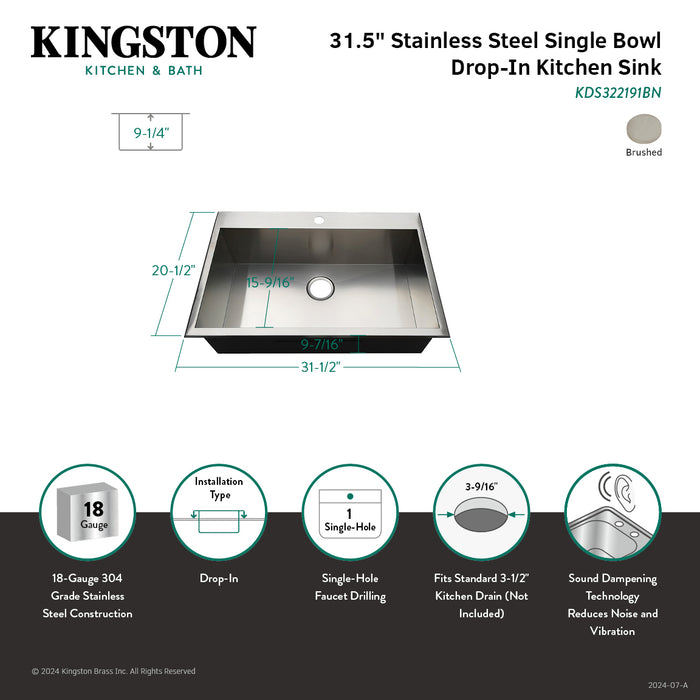Kingston Sona KDS322191BN - Uptowne 32-Inch Stainless Steel Self-Rimming Single Bowl Drop-In Kitchen Sink (1 Hole), Brushed