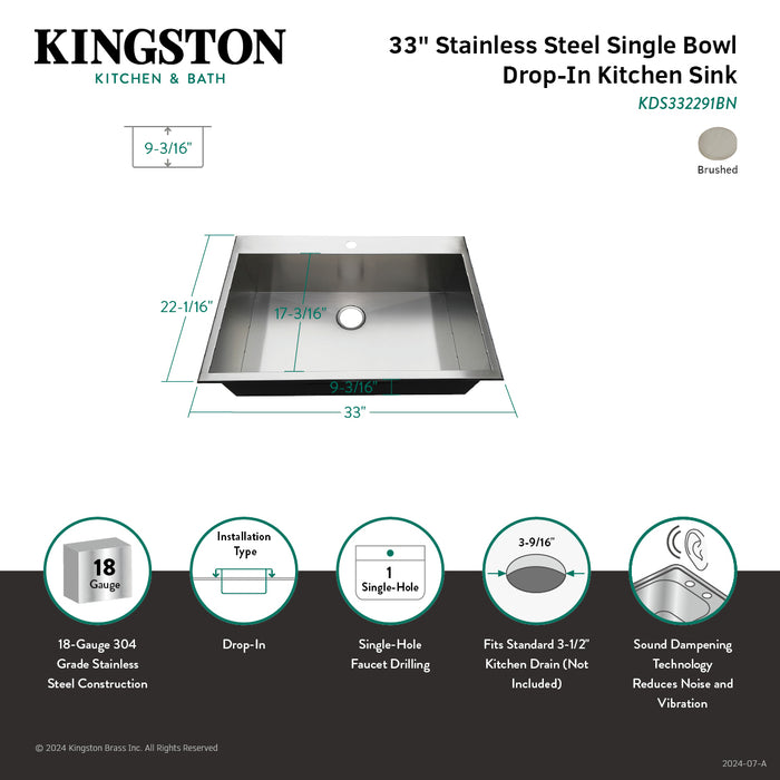 Kingston Sona KDS332291BN - Uptowne 33-Inch Stainless Steel Self-Rimming Single Bowl Drop-In Kitchen Sink, Brushed