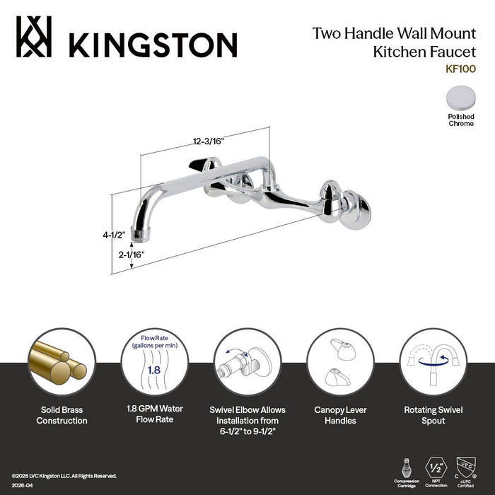 Kingston Proseal KF100 Two-Handle 2-Hole Wall Mount Bridge Kitchen Faucet, Polished Chrome