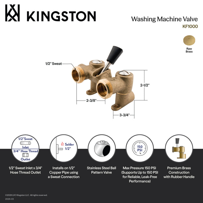 Kingston KF1000 1/2-Inch Sweat x 3/4-Inch Hose Thread Shut-Off Valve for Washing Machine, Raw Brass