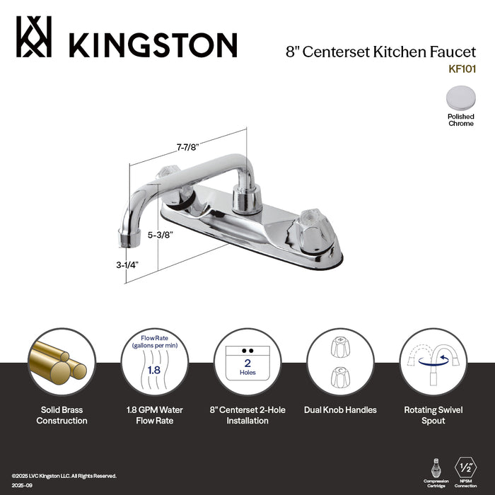 Kingston KF101 Two-Handle 2-Hole 8" Centerset Kitchen Faucet, Polished Chrome