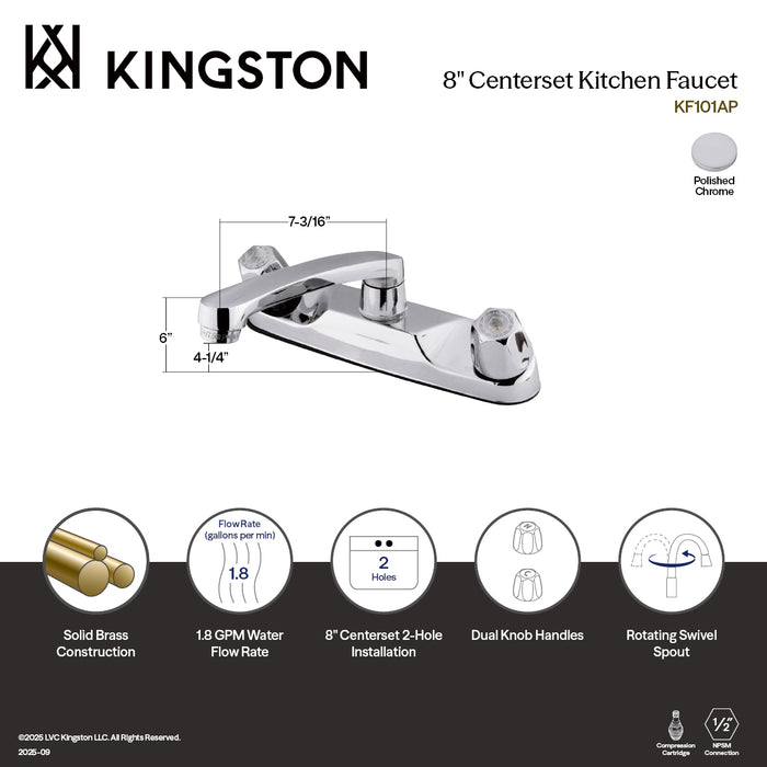 Kingston KF101AP Two-Handle 2-Hole 8" Centerset Kitchen Faucet, Polished Chrome