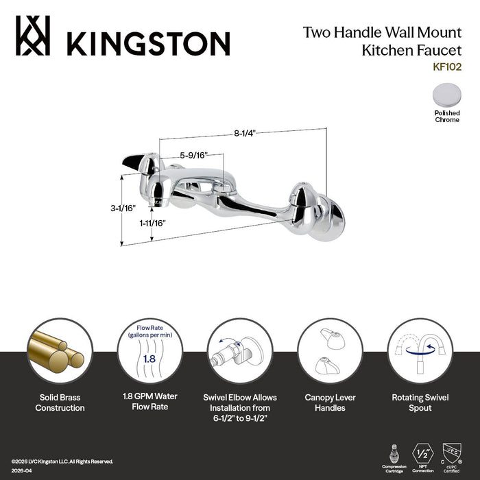 Kingston Proseal KF102 Two-Handle 2-Hole Wall Mount Bridge Kitchen Faucet, Polished Chrome