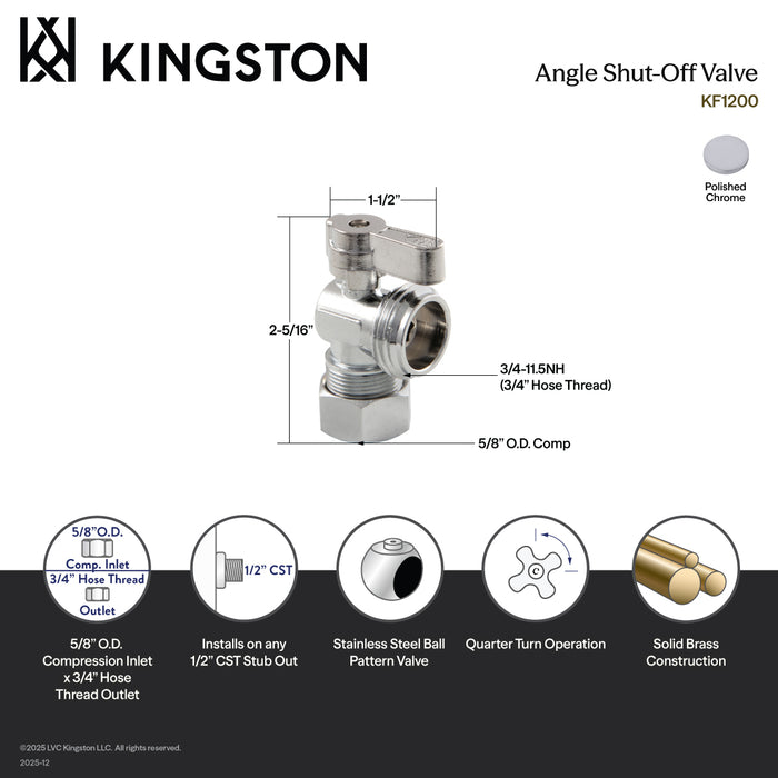Kingston KF1200 5/8-Inch O.D. Comp x 3/4-Inch Hose Thread Quarter-Turn Angle Shut-Off Valve, Polished Chrome