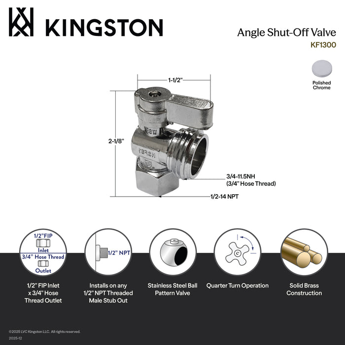 KF1300 1/2-Inch FIP x 3/4-Inch Hose Thread Quarter-Turn Angle Shut-Off Valve, for Washing Machine, Polished Chrome