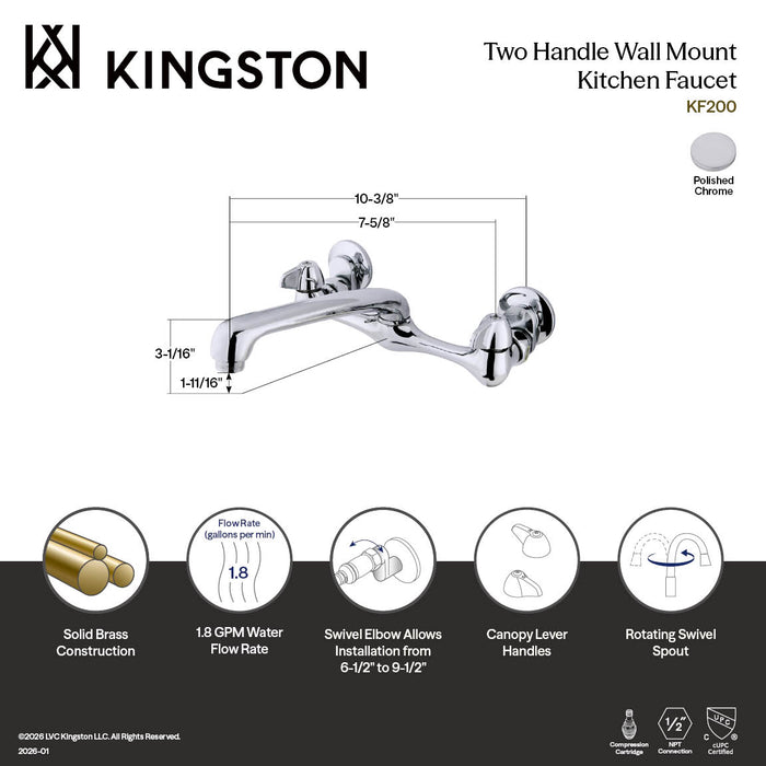Kingston Proseal KF200 Two-Handle 2-Hole Wall Mount Bridge Kitchen Faucet, Polished Chrome
