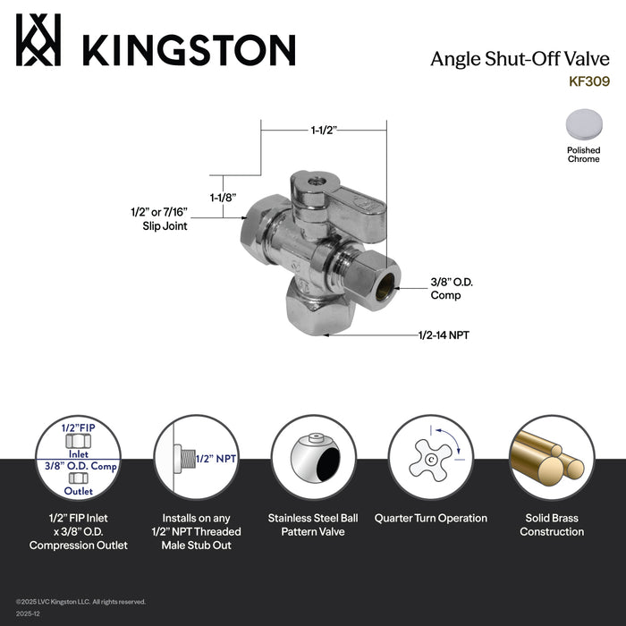 KF309 1/2-Inch FIP x 3/8-Inch O.D. Comp x 1/2 or 7/6-Inch Slip Joint Shut-Off Valve, Polished Chrome