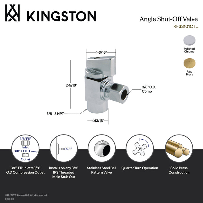 Kingston Columbia KF33104CTL 3/8-Inch FIP x 3/8-Inch O.D. Comp Quarter-Turn Angle Shut-Off Valve, Raw Brass