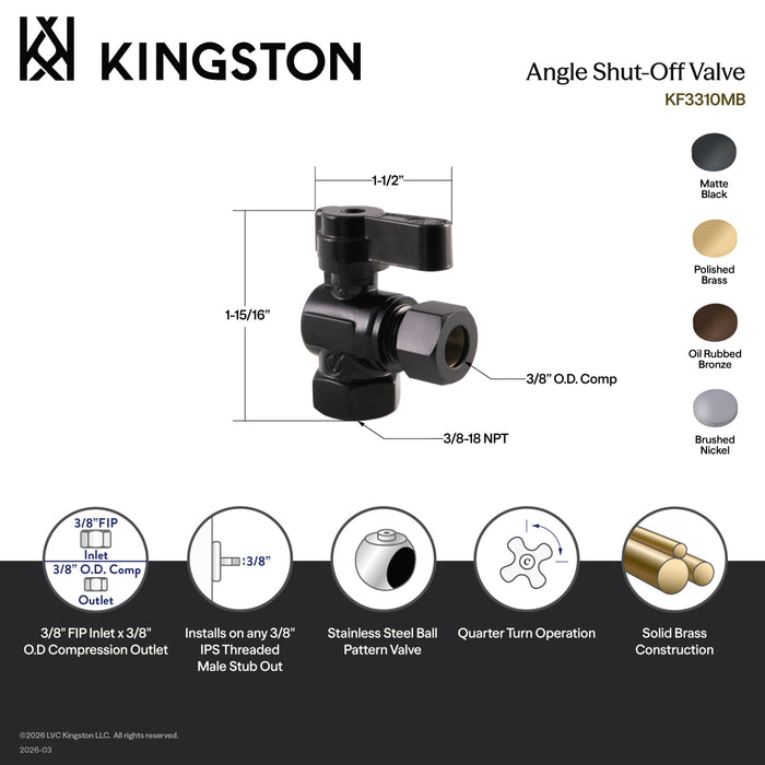 Kingston KF3310SN 3/8-Inch FIP x 3/8-Inch O.D. Comp Quarter-Turn Angle Shut-Off Valve, Brushed Nickel